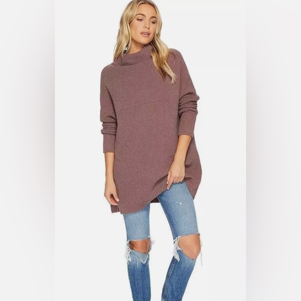 Free People Ottoman Slouchy Ribbed Mauve Mock Turtleneck Tunic Sz XS